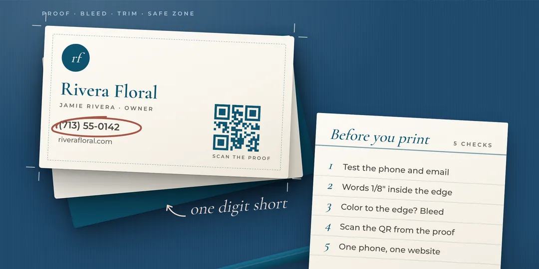 Business card proof with a before-you-print checklist