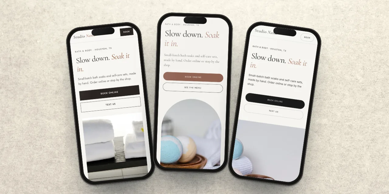 Three sample website templates on phones