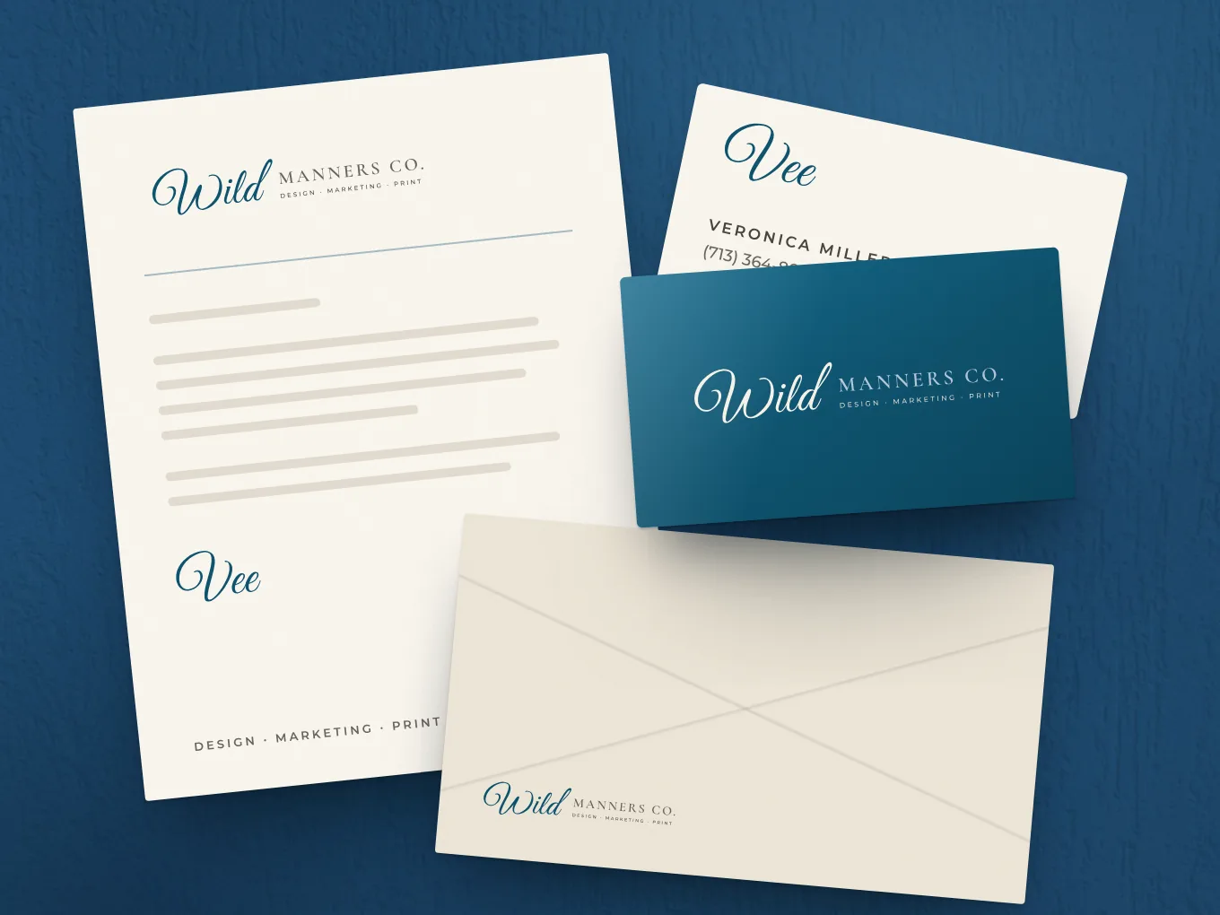 Wild Manners Co. business cards, letterhead, and envelope