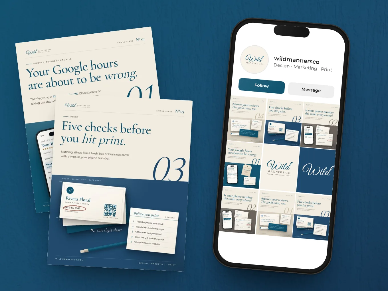 Wild Manners Co. tip posts and an Instagram grid on a phone